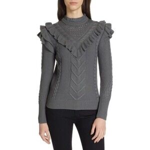 Ted Baker Denita Ruffle Yoke Sweater Gray Cable Knit Size 0